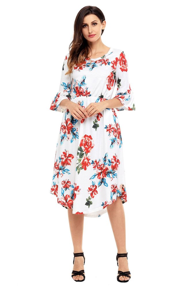 Light Blue 3/4 Bell Sleeve Floral Midi Dress