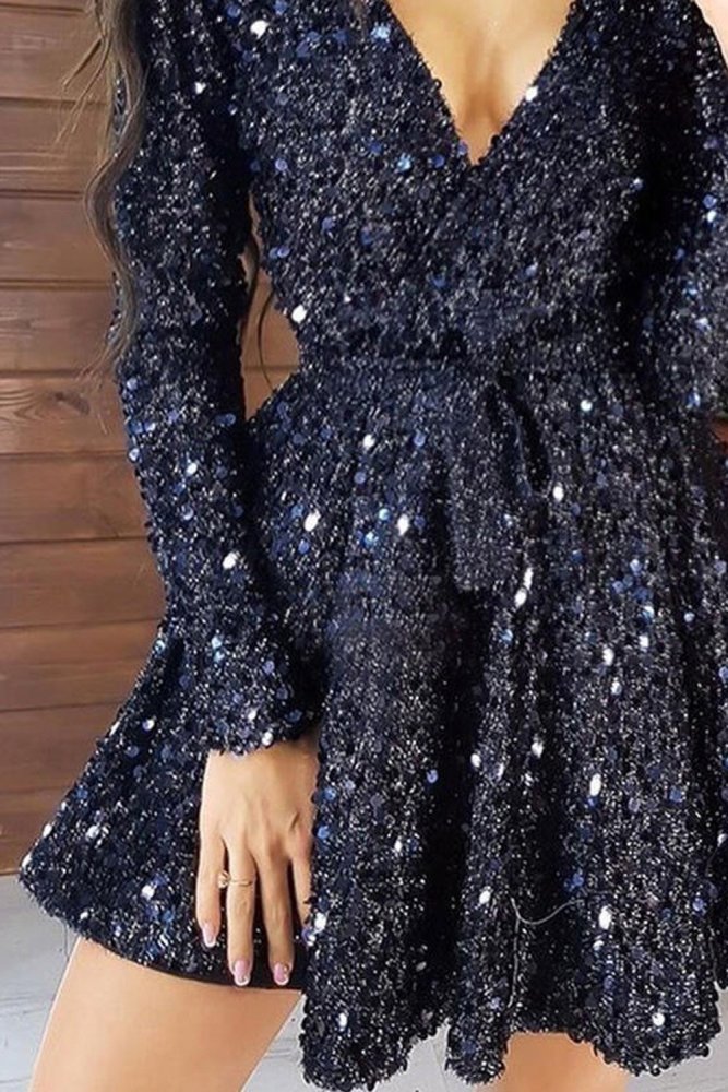 Sequin Deep V Long Sleeve Evening Dress with Waist Tie