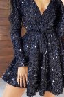 Sequin Deep V Long Sleeve Evening Dress with Waist Tie