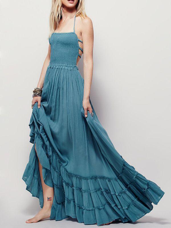 Halter Strapless Smocked Bodice Maxi Dress