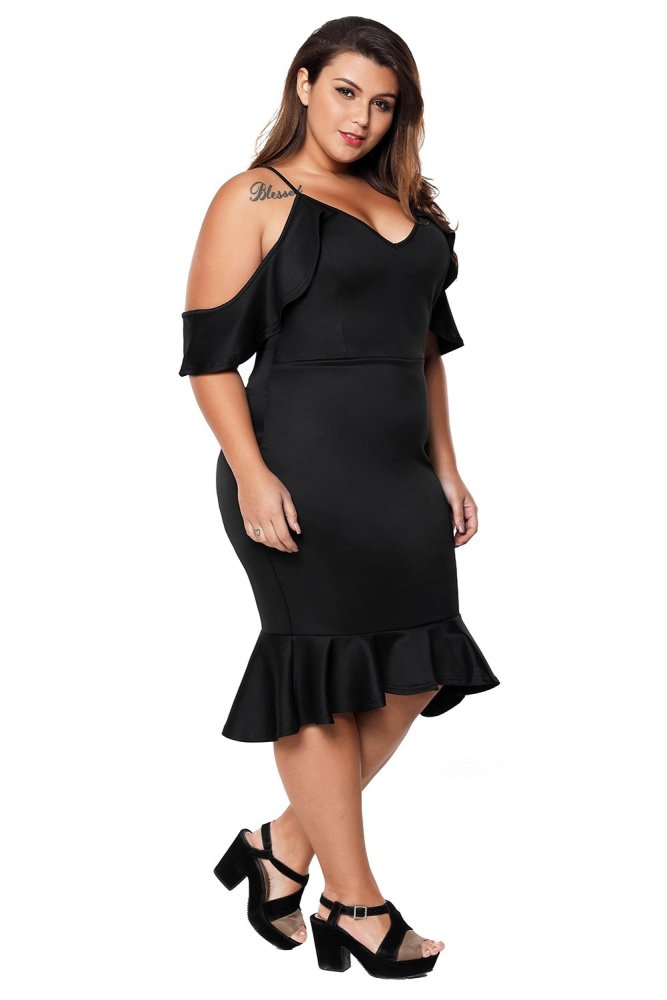Plus Size Ruffle Cold Shoulder Flounced Party Dress