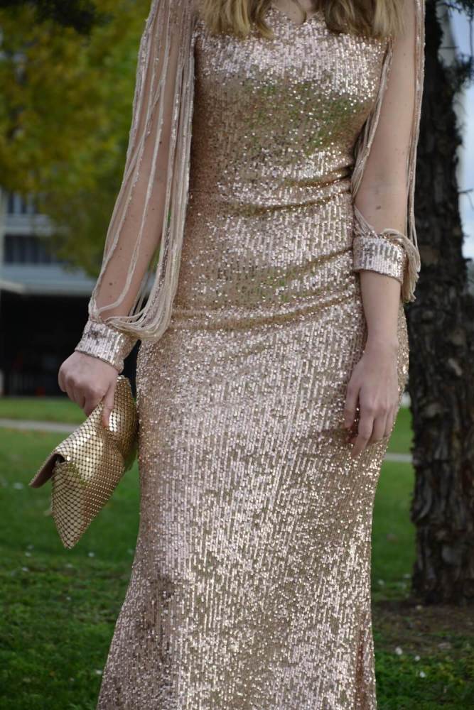 Off Shoulder Tasseled Sleeve Sequin Party Maxi Dress