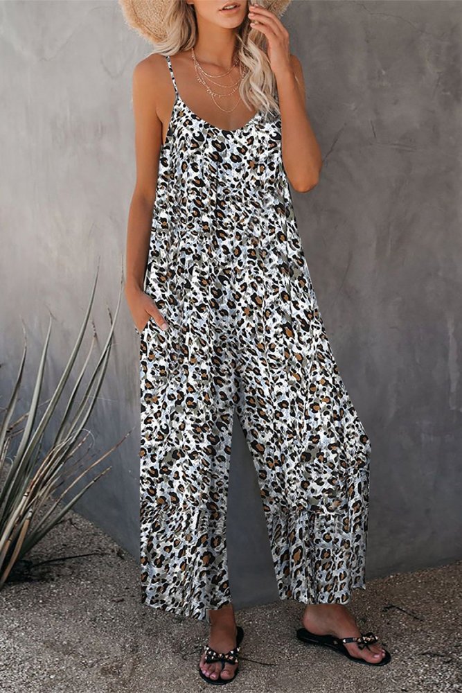 Palm Leaves Print Spaghetti Strap Wide Leg jumpsuit