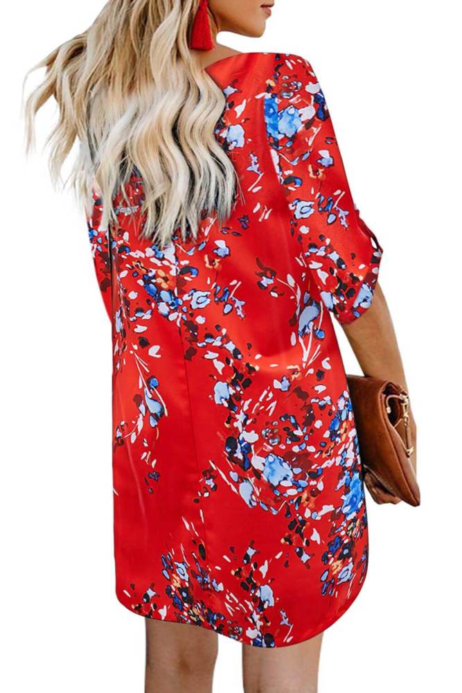 V Neck 3/4 Roll Sleeve Button Down Floral Dress