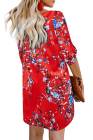 V Neck 3/4 Roll Sleeve Button Down Floral Dress