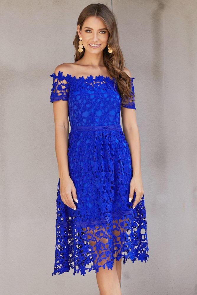 Off Shoulder Short Sleeve Crochet Party Dress