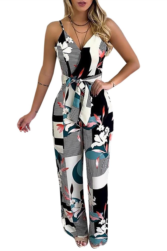 Spaghetti Strap Mixed Print Jumpsuit