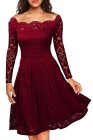 Wine Scalloped Off Shoulder Flared Lace Dress
