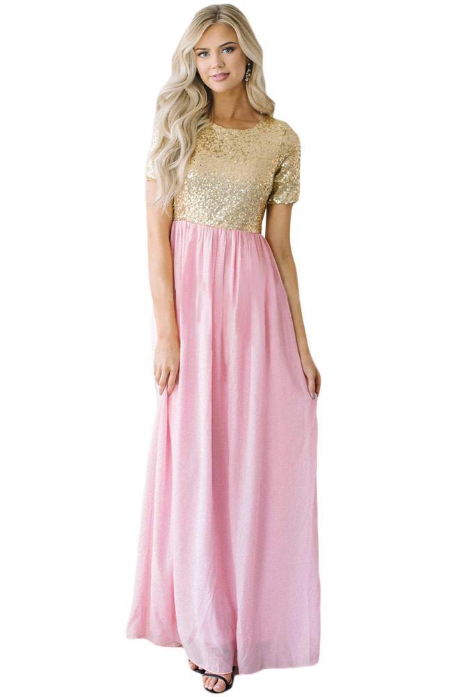 Chiffon Sequin Zipper Back Maxi Dress