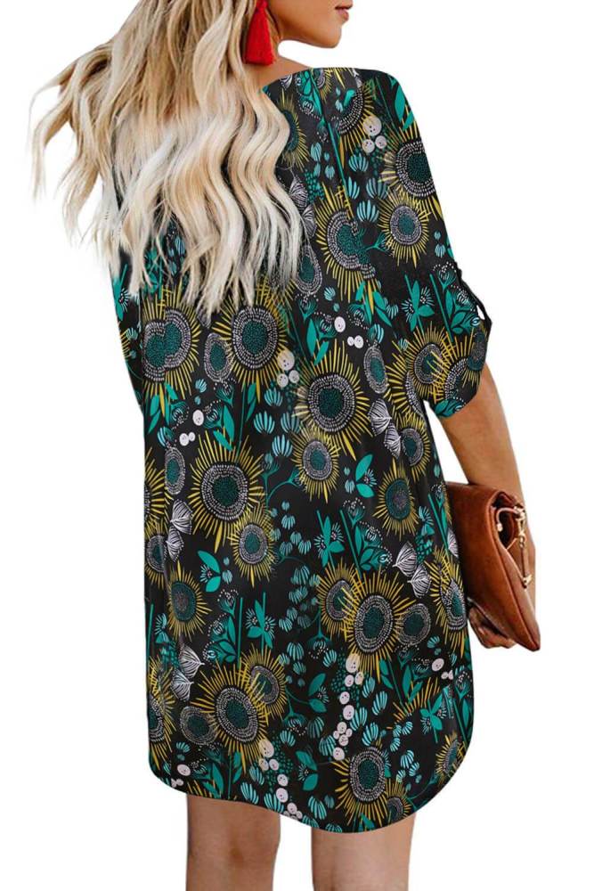 V Neck 3/4 Roll Sleeve Button Down Floral Dress
