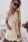 Bohemian Dotted Print Wrap V Neck Ruffled Mini Dress