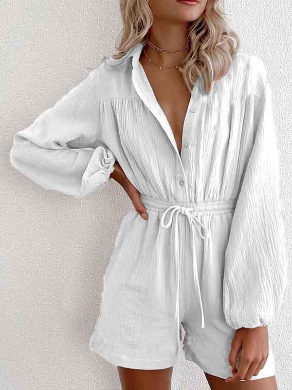 Black Long Sleeve Romper Button Down Short Jumpsuit For Women