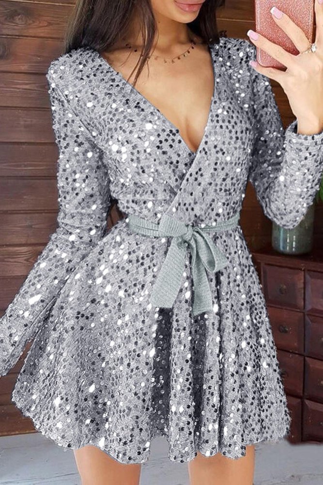 Sequin Deep V Long Sleeve Evening Dress with Waist Tie