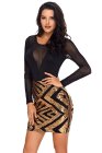 Sheer Mesh Long Sleeve Gold Sequin Club Dress