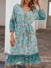 Women's Long Sleeve V Neck Floral Bohemian Dress