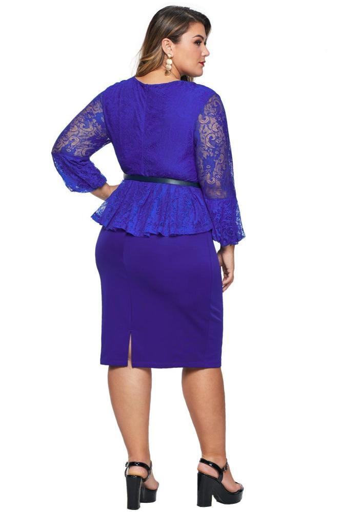 Plus Size Lace Bodice Peplum Dress with Belt