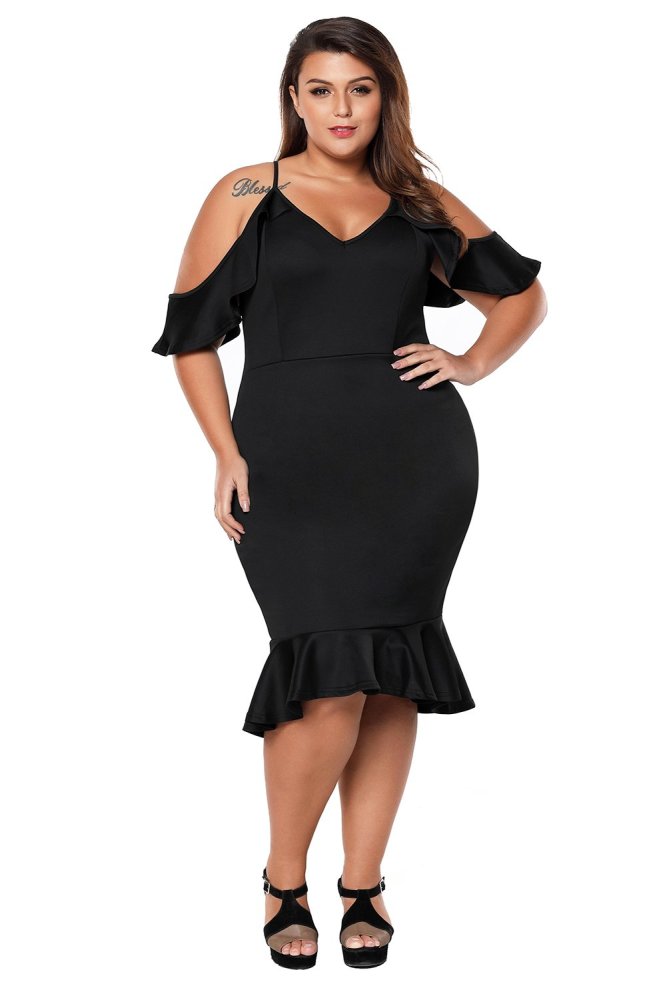 Plus Size Ruffle Cold Shoulder Flounced Party Dress