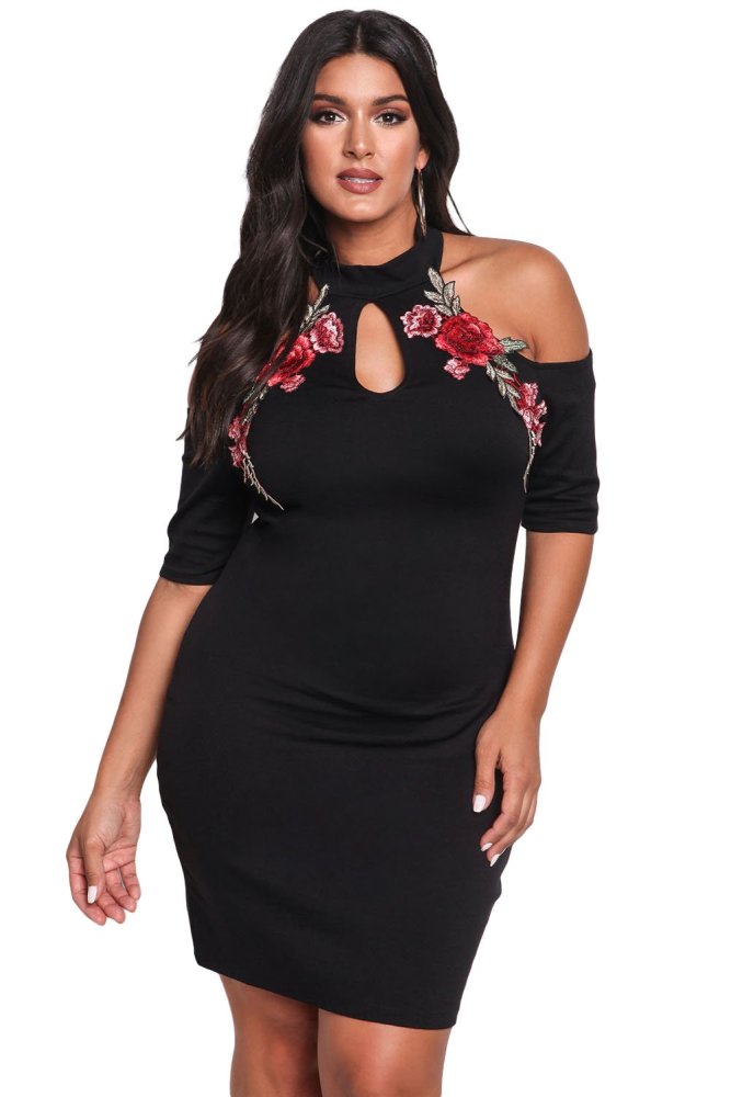Plus Size Rose Applique Cold Shoulder Bodycon Dress