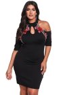 Plus Size Rose Applique Cold Shoulder Bodycon Dress