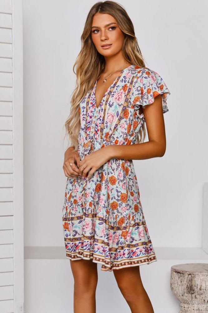 Deep V High Waist Tie Short Ruffle Sleeve Mini Dress