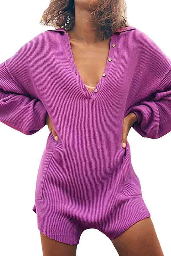 Womens Rib Knit V-shape Lapel Long Sleeve Romper Shorts