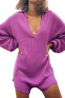 Womens Rib Knit V-shape Lapel Long Sleeve Romper Shorts