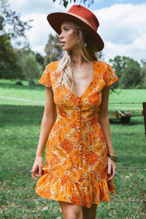 Vintage V-Neck Print Mini Dress