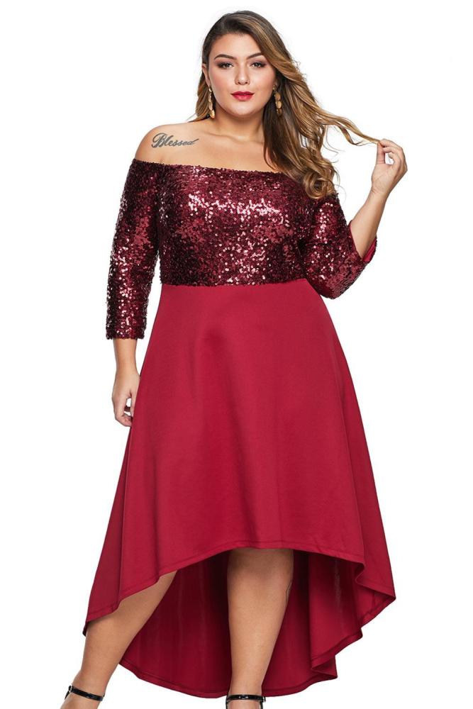 Off Shoulder Sequin Bodice Hi-lo Plus Size Dress