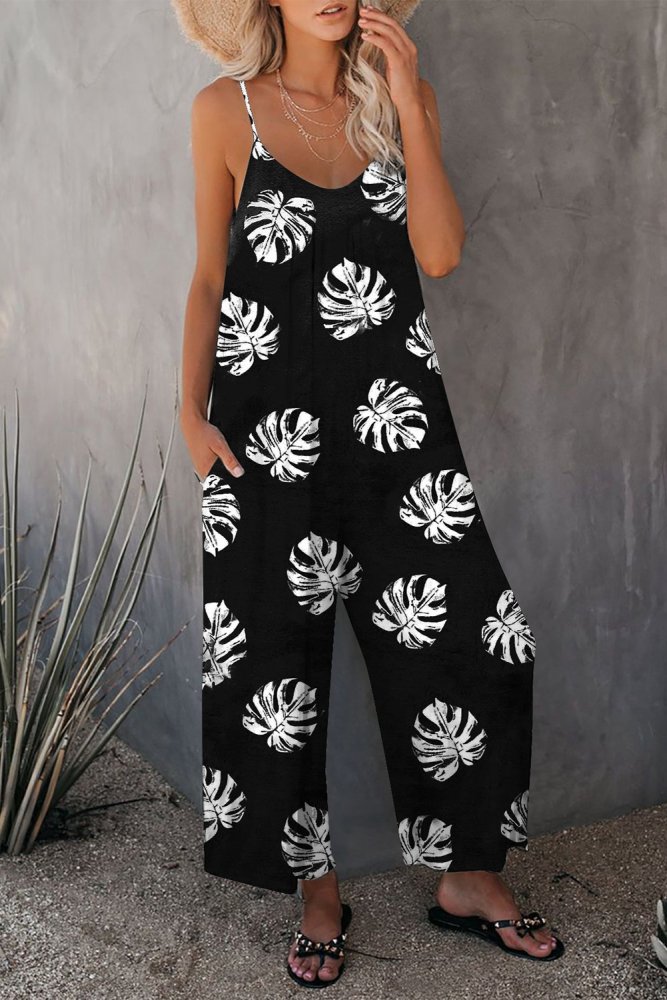 Palm Leaves Print Spaghetti Strap Wide Leg jumpsuit