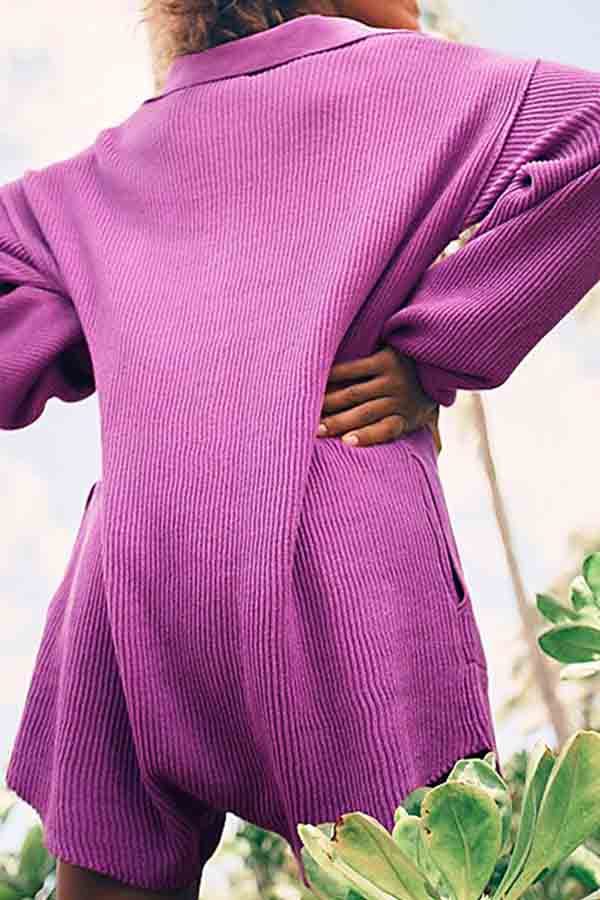 Womens Rib Knit V-shape Lapel Long Sleeve Romper Shorts