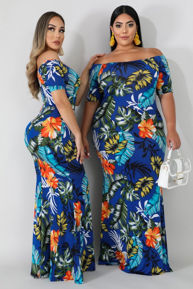 Off-the-shoulder Floral Print Plus Size Maxi Dress