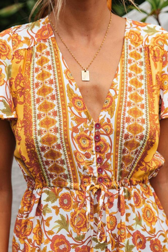 Deep V High Waist Tie Short Ruffle Sleeve Mini Dress