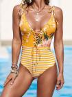 Floral Print Eyelet Cross Lace Up Swimwear Stripe Monokini