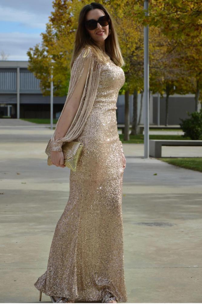 Off Shoulder Tasseled Sleeve Sequin Party Maxi Dress