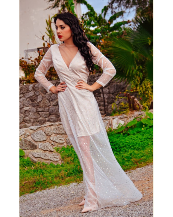 Deep V Neck Long Sleeve Sequin Tulle Wedding Long Dress