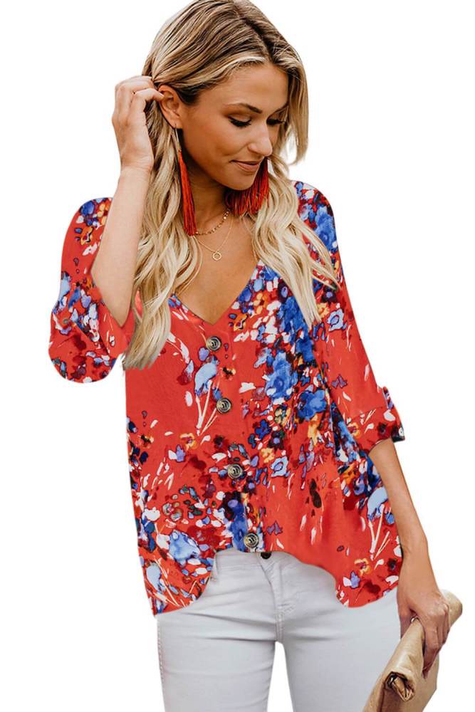 V Neck Buttoned Floral Print Blouse