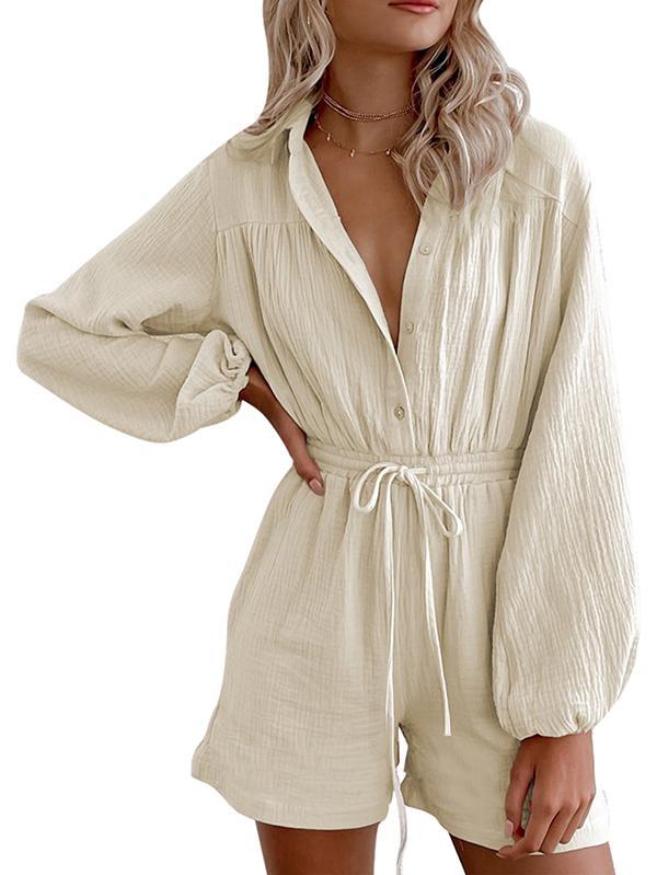 Black Long Sleeve Romper Button Down Short Jumpsuit For Women