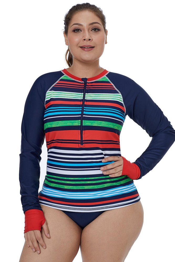 Multicolor Striped Long Sleeve Front Zip Rashguard Top