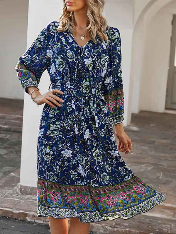 Women's Long Sleeve V Neck Floral Bohemian Dress
