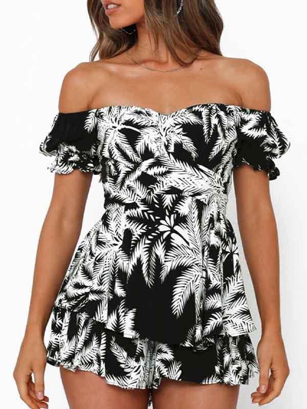Women's Off Shoulder Short Sleeves Layered Ruffle Rompers