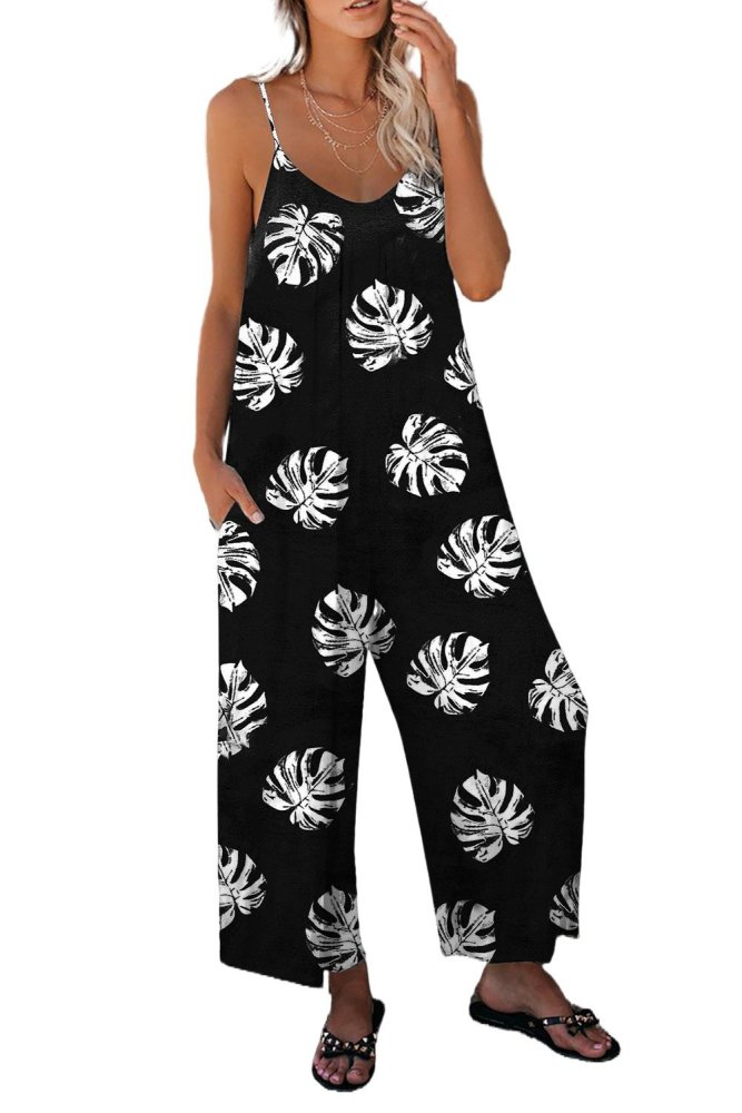 Palm Leaves Print Spaghetti Strap Wide Leg jumpsuit