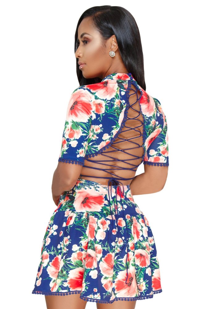 Royal Blue Multicolor Floral Lace-up Back Short Skater Dress