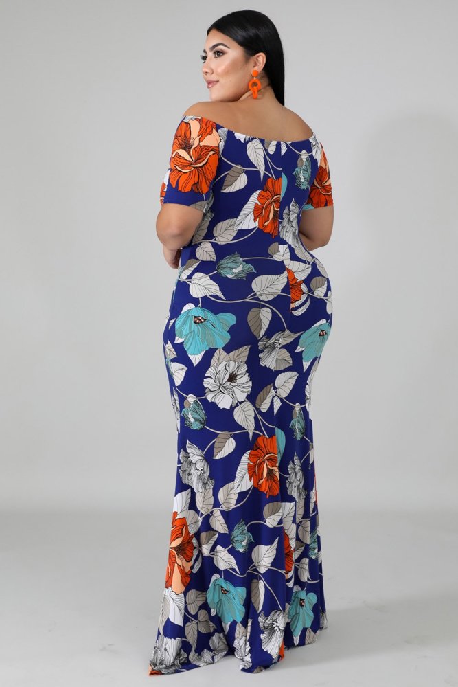 Off-the-shoulder Floral Print Plus Size Maxi Dress