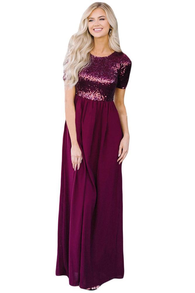 Chiffon Sequin Zipper Back Maxi Dress