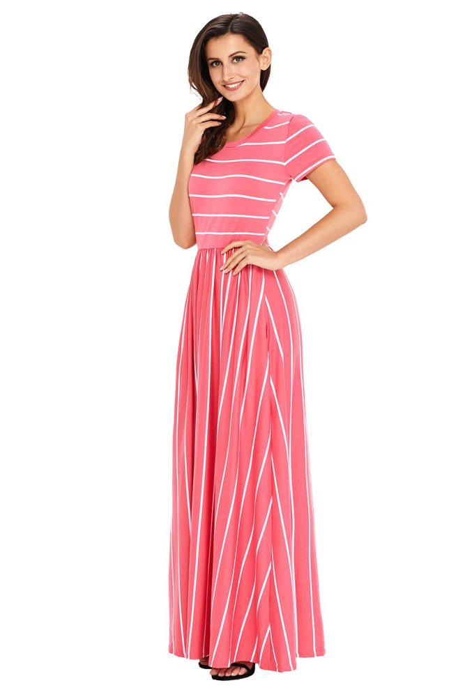 Striped Rosy Short Sleeve Maxi Dress