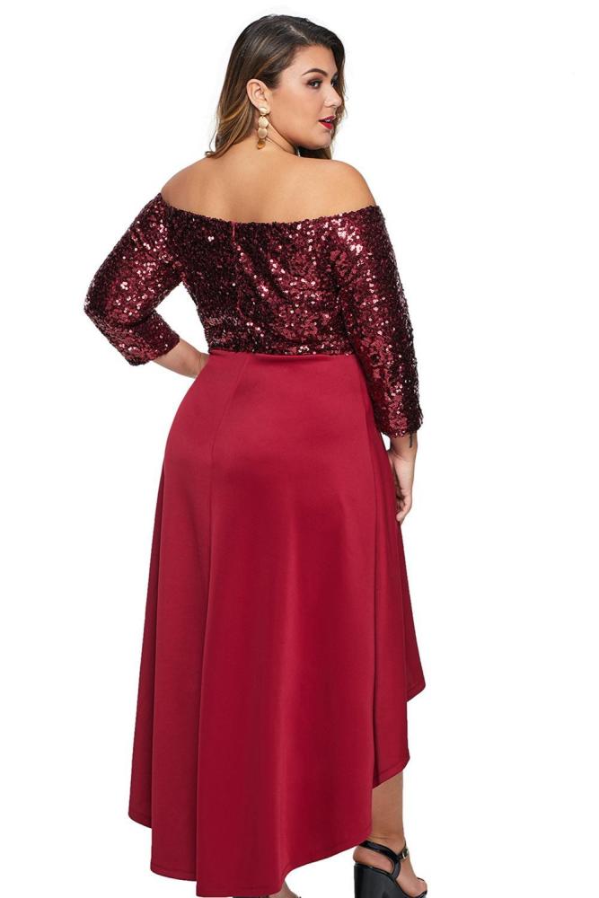 Off Shoulder Sequin Bodice Hi-lo Plus Size Dress