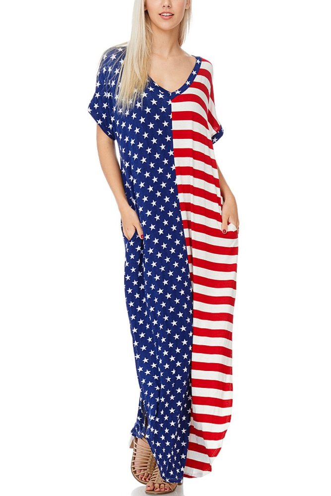 The Stars and Stripes V-Neck Pocket Maxi Dress