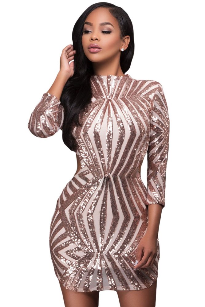 Champagne Sequin Detail Open Back Party Mini Dress
