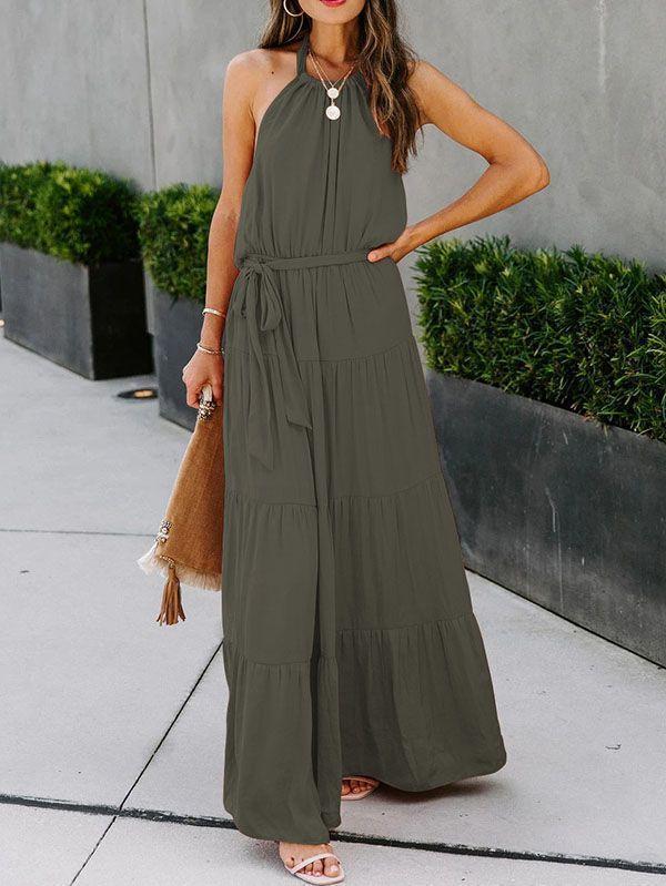 Solid Color Halter Neck Top Sleeveless Layered Maxi Dress With Belt