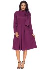 Burgundy Bowknot Embellished Mock Neck Pocket Dress